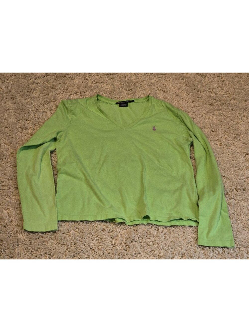 Ralph Lauren Sport Women's Green V-Neck Long Sleeve Shirt Large Pony Logo Y2K